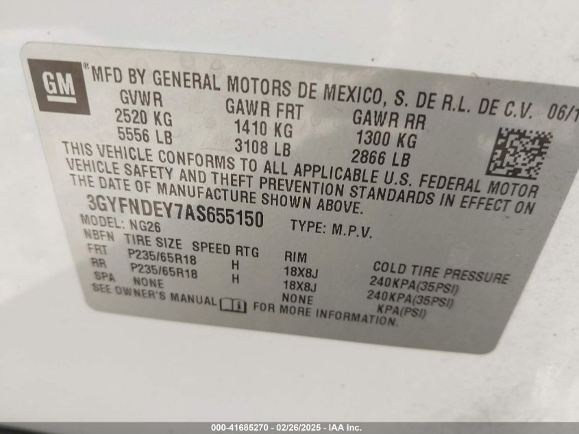 2010 Cadillac Srx Luxury Collection VIN: 3GYFNDEY7AS655150 Lot: 41685270