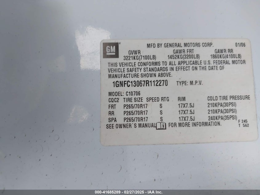 2007 Chevrolet Tahoe Lt VIN: 1GNFC13067R112270 Lot: 41685289