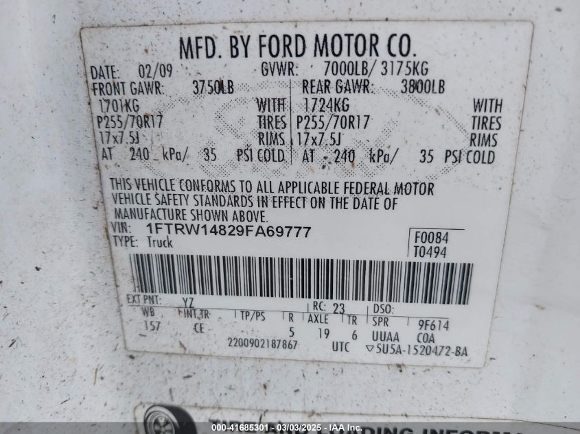 2009 Ford F-150 Xl/Xlt VIN: 1FTRW14829FA69777 Lot: 41685301