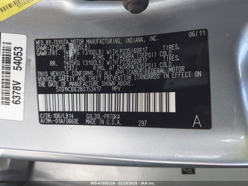 2011 TOYOTA SIENNA VIN: 5TDYK3DC2BS153417