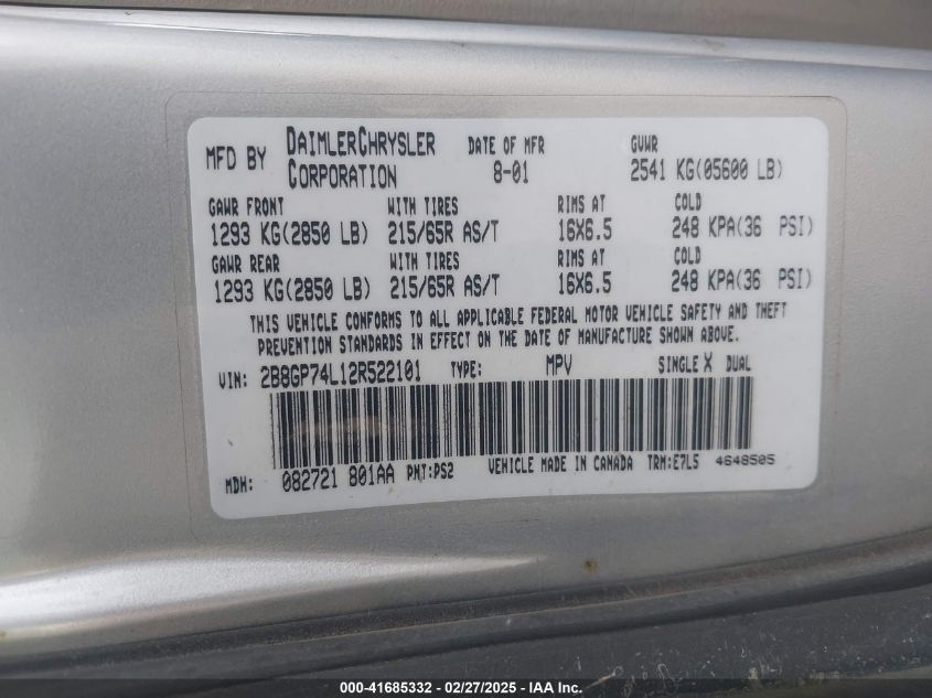 2002 Dodge Grand Caravan Ex VIN: 2B8GP74L12R522101 Lot: 41685332