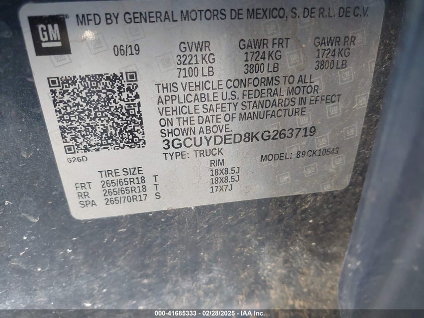 2019 CHEVROLET SILVERADO 1500 VIN: 3GCUYDED8KG263719