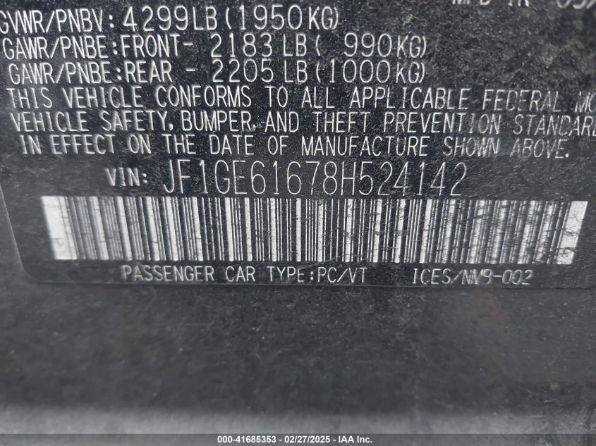 2008 Subaru Impreza 2.5I VIN: JF1GE61678H524142 Lot: 41685353