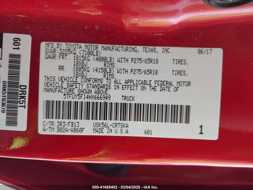 2017 TOYOTA TUNDRA VIN: 5TFUY5F14HX666949