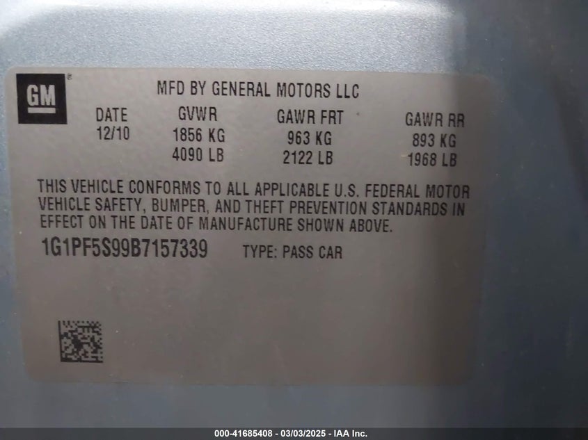 2011 CHEVROLET CRUZE VIN: 1G1PF5S99B7157339