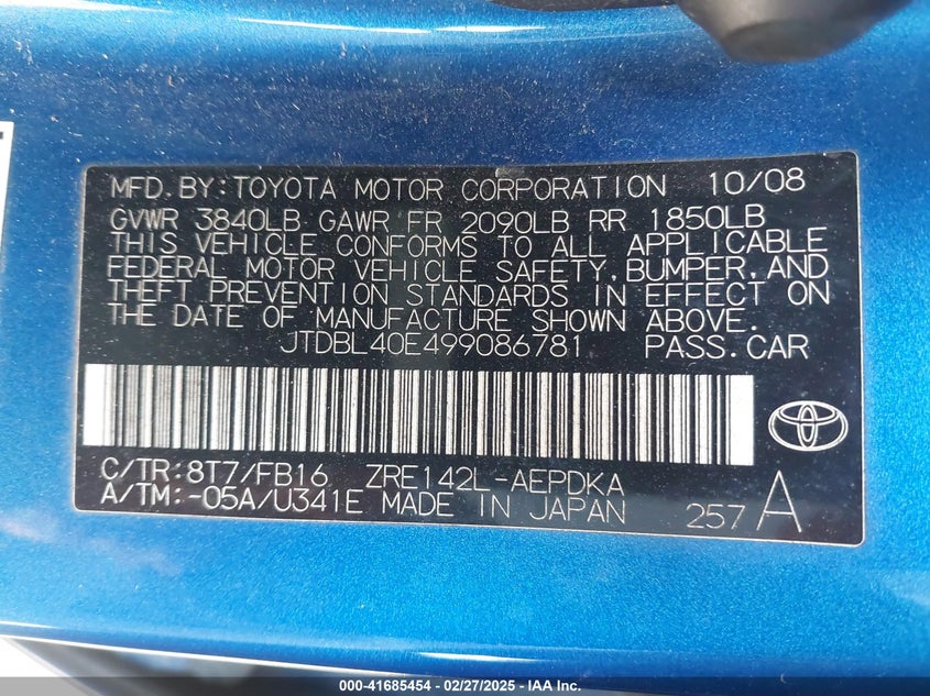 2009 TOYOTA COROLLA VIN: JTDBL40E499086781