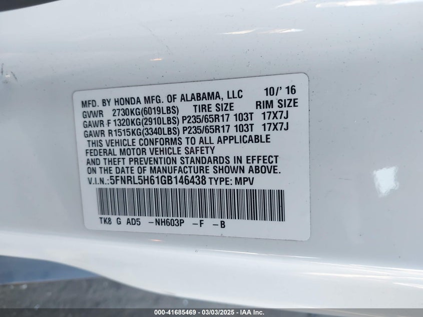 2016 HONDA ODYSSEY VIN: 5FNRL5H61GB146438