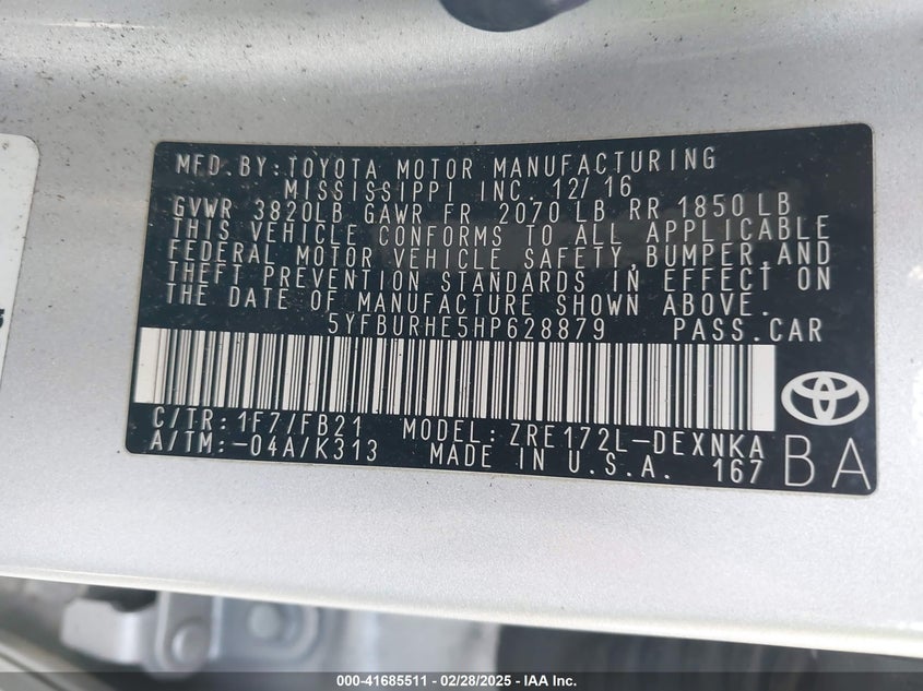 2017 TOYOTA COROLLA VIN: 5YFBURHE5HP628879