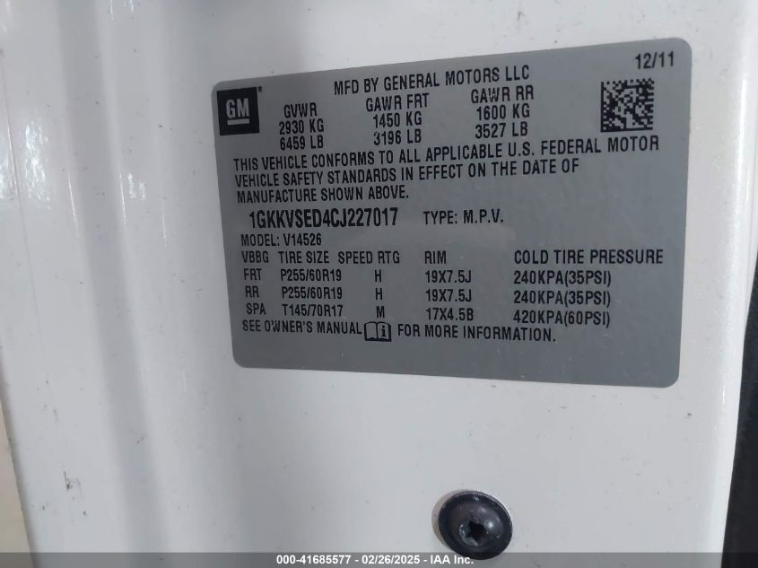 2012 GMC Acadia Slt-2 VIN: 1GKKVSED4CJ227017 Lot: 41685577