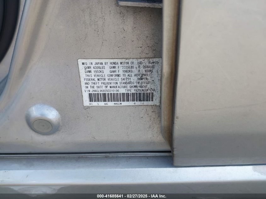 2005 Acura Tsx VIN: JH4CL96805C010196 Lot: 41685641