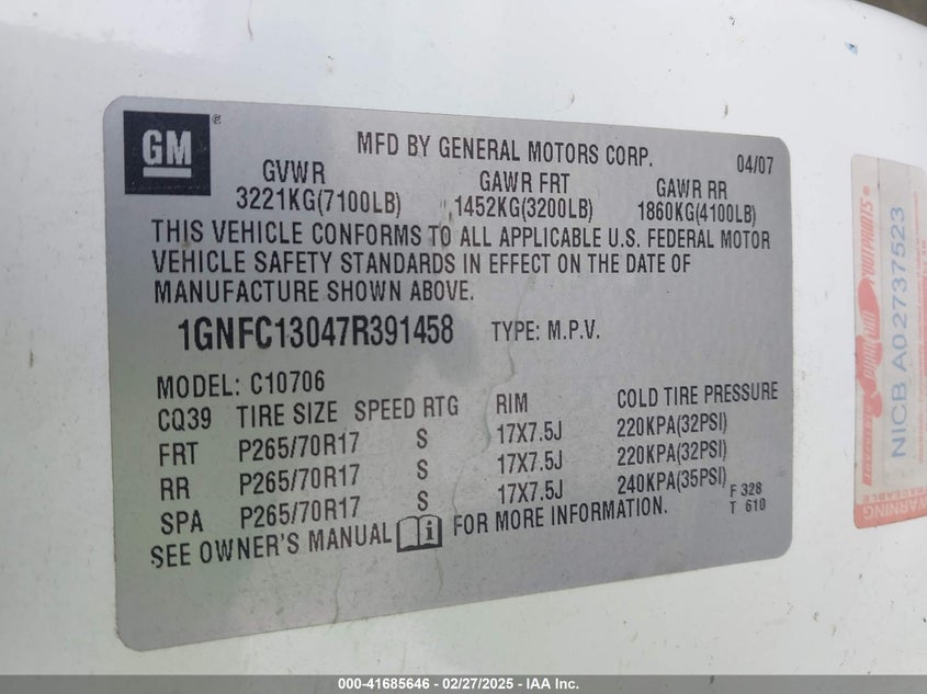 2007 CHEVROLET TAHOE VIN: 1GNFC13047R391458