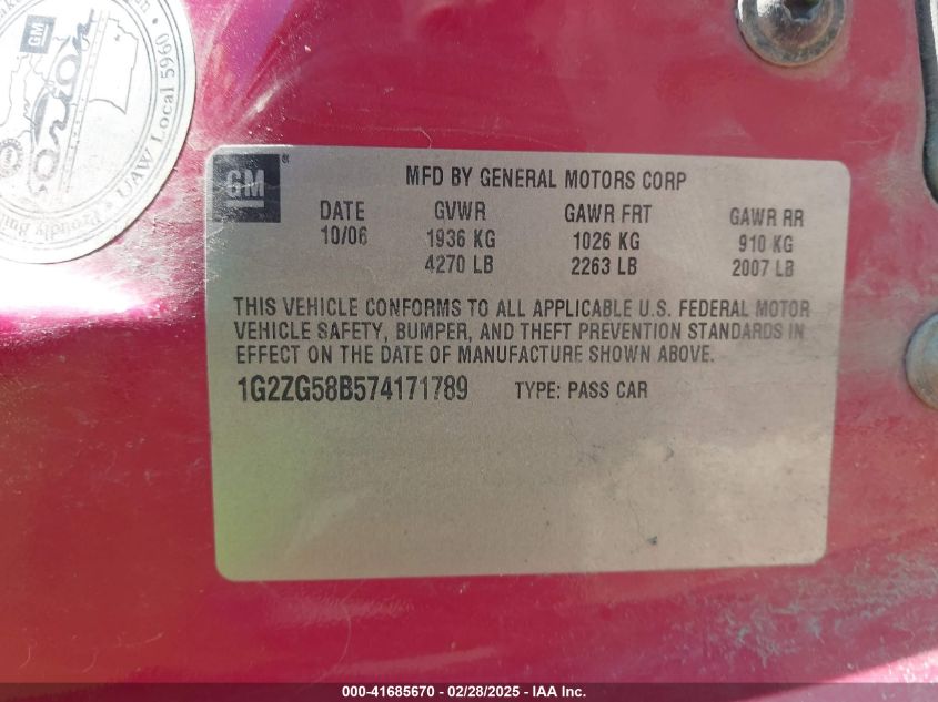 2007 Pontiac G6 Gt VIN: 1G2ZH18N574171789 Lot: 41685670