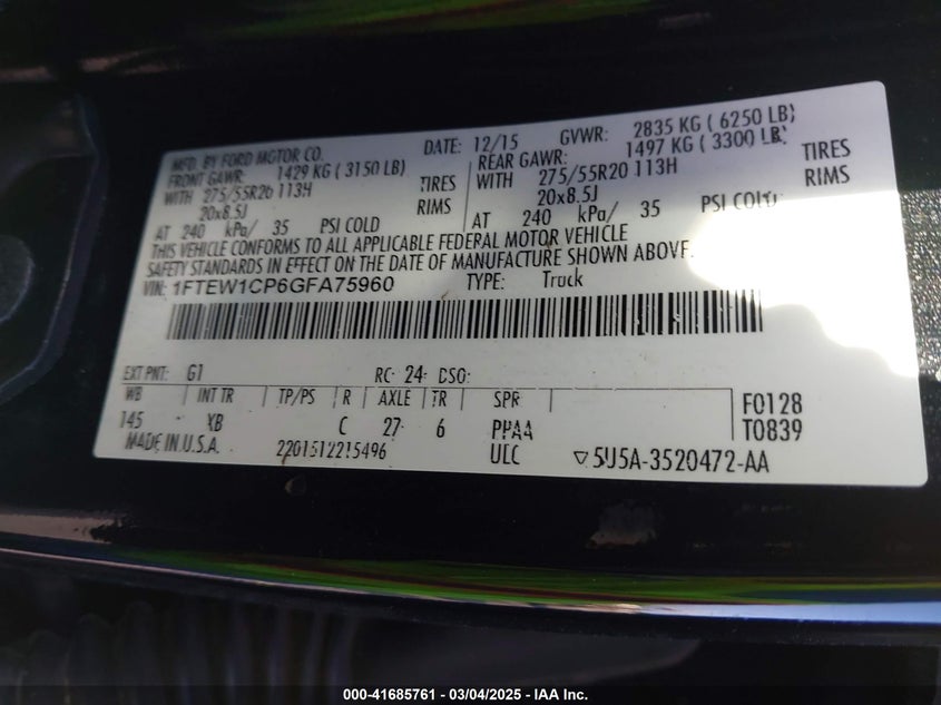 2016 FORD F-150 VIN: 1FTEW1CP6GFA75960