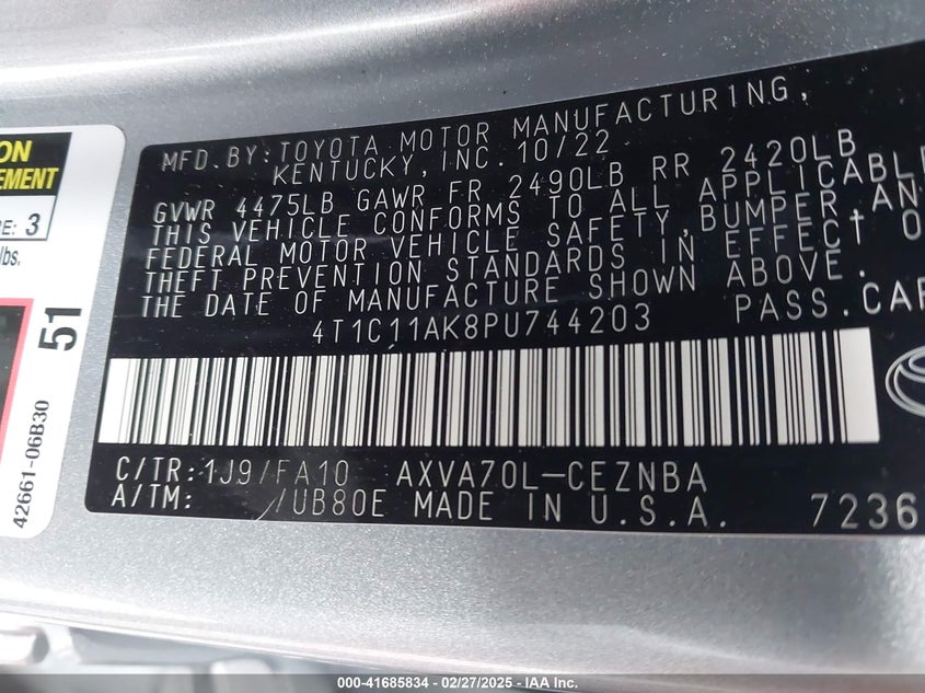 2023 TOYOTA CAMRY VIN: 4T1C11AK8PU744203