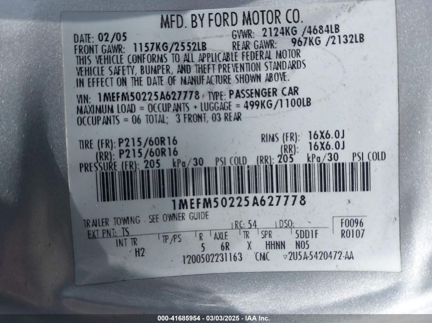 2005 Mercury Sable Gs VIN: 1MEFM50225A627778 Lot: 41685954