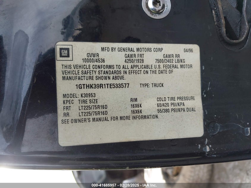 1996 GMC Sierra K3500 VIN: 1GTHK39R1TE533577 Lot: 41685957