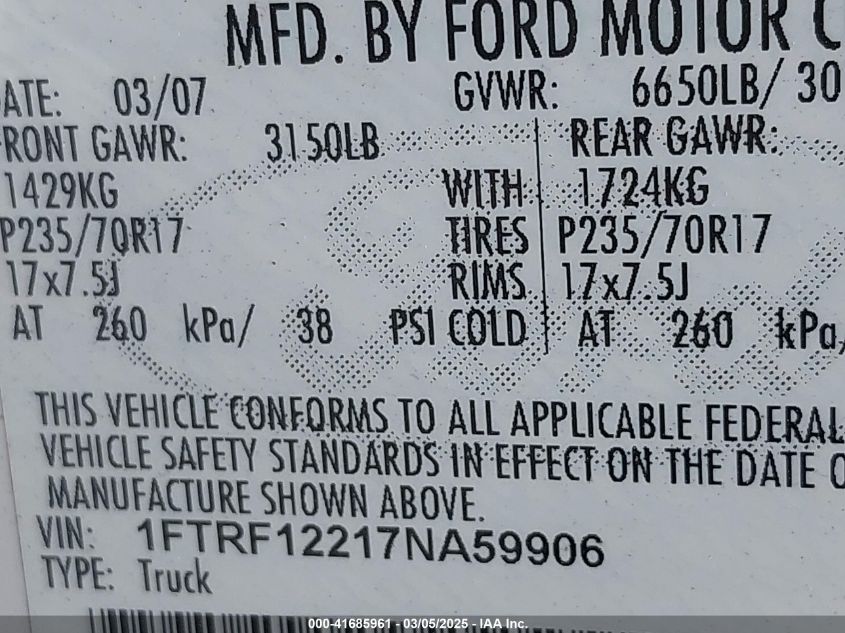 2007 Ford F-150 Stx/Xl/Xlt VIN: 1FTRF12217NA59906 Lot: 41685961