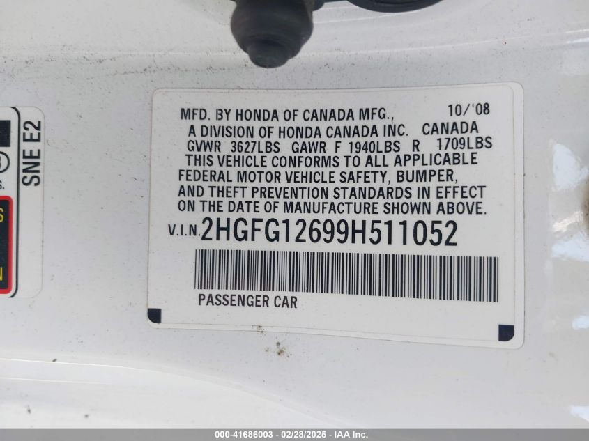 2009 Honda Civic Lx VIN: 2HGFG12699H511052 Lot: 41686003