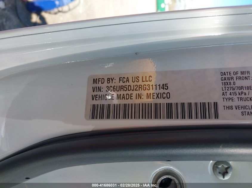 2024 Ram 2500 Big Horn 4X4 6'4 Box VIN: 3C6UR5DJ2RG311145 Lot: 41686031