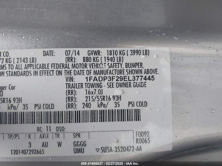 2014 Ford Focus Se VIN: 1FADP3F29EL377445 Lot: 41686037