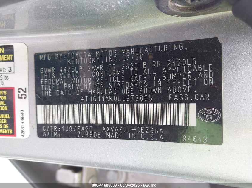 2020 TOYOTA CAMRY VIN: 4T1G11AK0LU978895