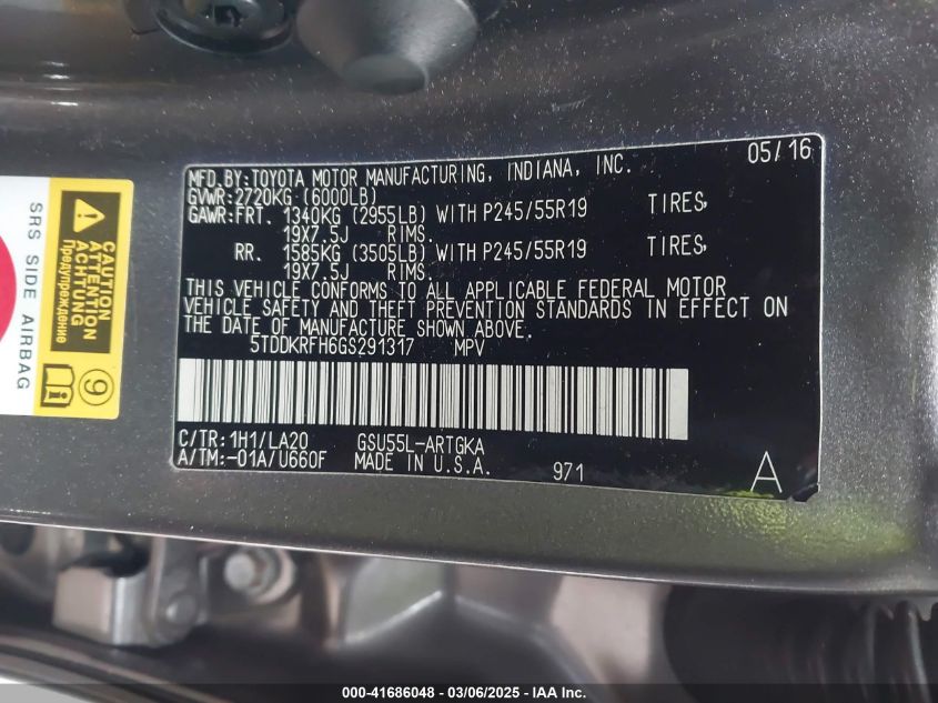 2016 Toyota Highlander Limited V6 VIN: 5TDDKRFH6GS291317 Lot: 41686048