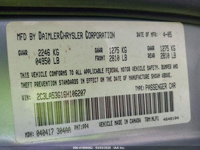 2006 Chrysler 300 Touring VIN: 2C3LA53G16H106207 Lot: 41686062