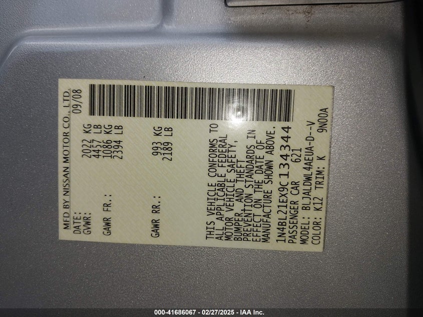 2009 NISSAN ALTIMA VIN: 1N4BL21EX9C134344