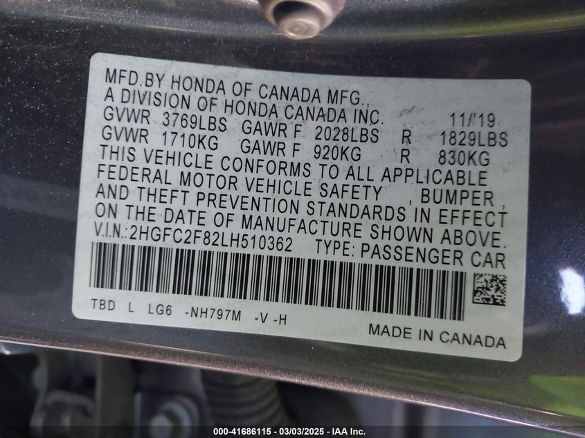 2020 HONDA CIVIC SPORT 2HGFC2F82LH510362