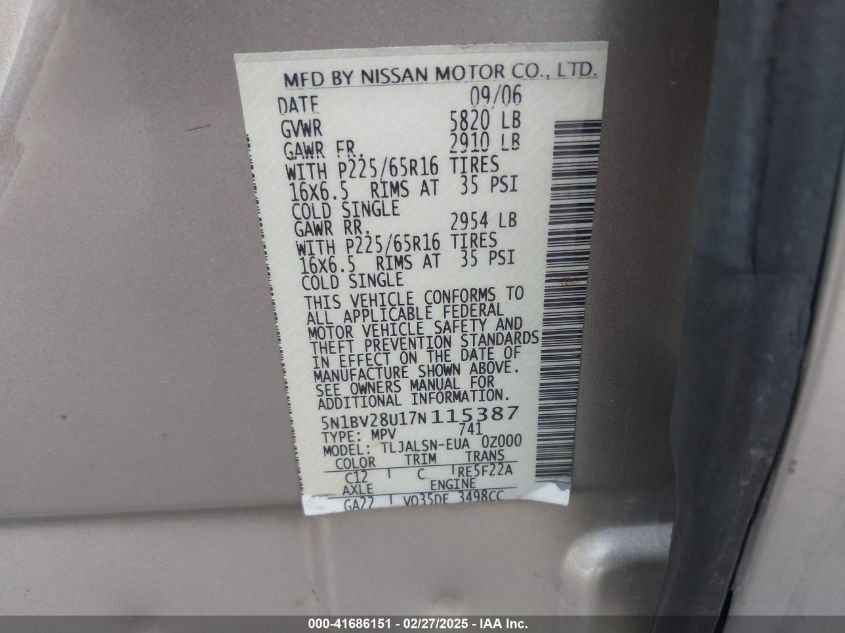 2007 Nissan Quest 3.5 S VIN: 5N1BV28U17N115387 Lot: 41686151