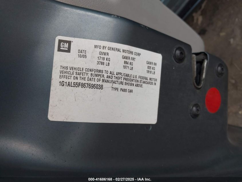 2006 Chevrolet Cobalt Lt VIN: 1G1AL55F867696038 Lot: 41686168