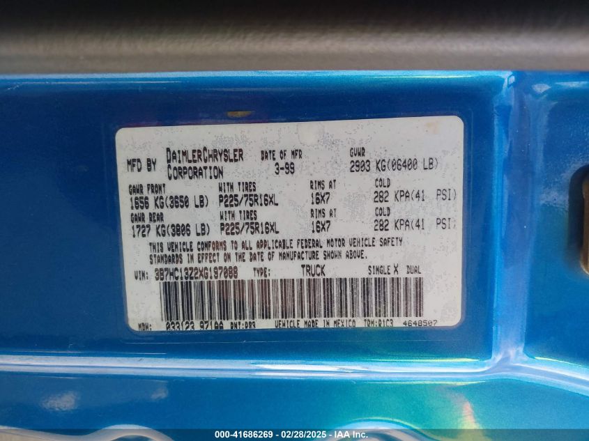 1999 Dodge Ram 1500 St VIN: 3B7HC13Z2XG197088 Lot: 41686269