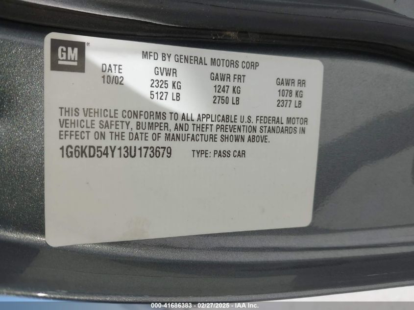 2003 Cadillac Deville Standard VIN: 1G6KD54Y13U173679 Lot: 41686383