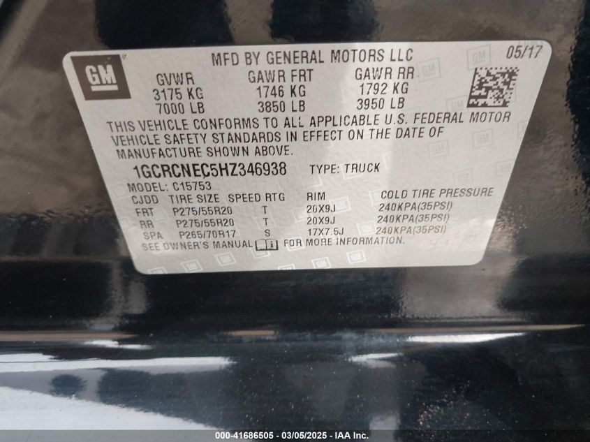 2017 Chevrolet Silverado 1500 Wt VIN: 1GCRCNEC5HZ346938 Lot: 41686505