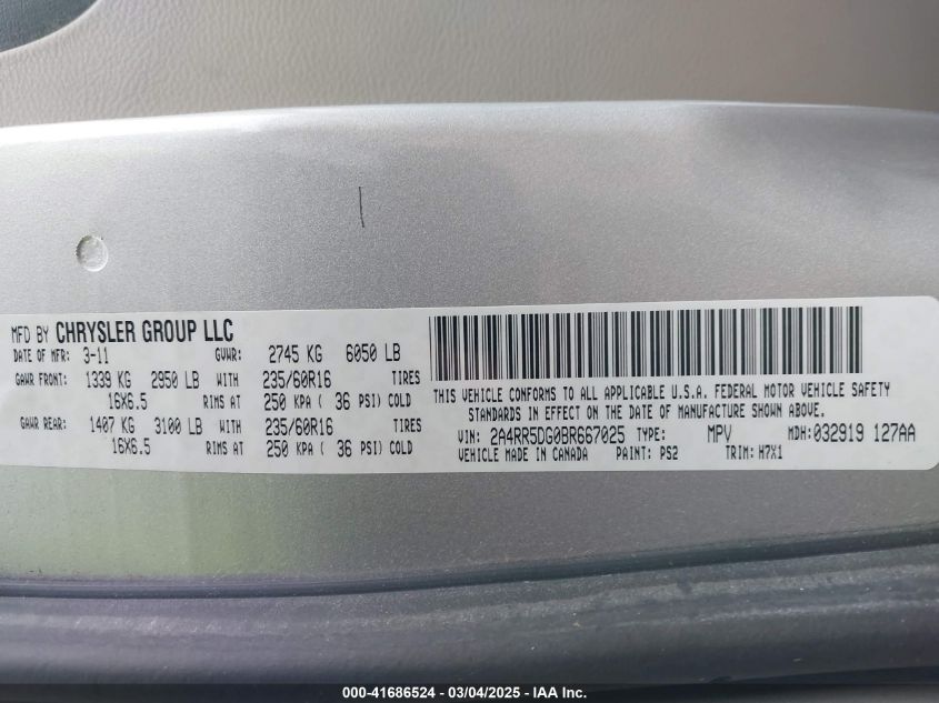 2011 Chrysler Town & Country Touring VIN: 2A4RR5DG0BR667025 Lot: 41686524