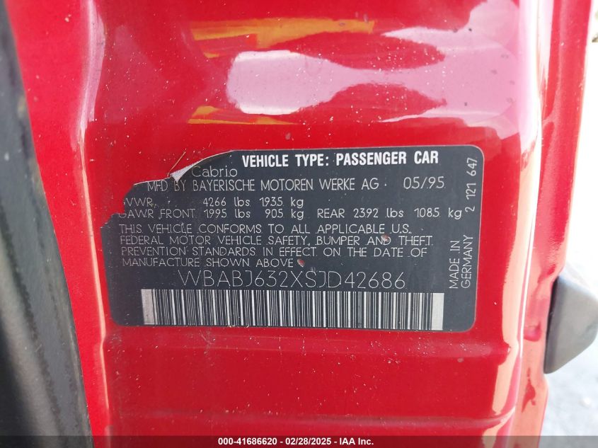 1995 BMW 325 Ic Automatic VIN: WBABJ632XSJD42686 Lot: 41686620