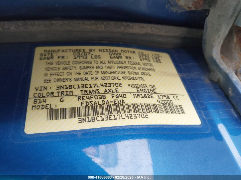 2007 Nissan Versa 1.8S VIN: 3N1BC13E17L423702 Lot: 41686660