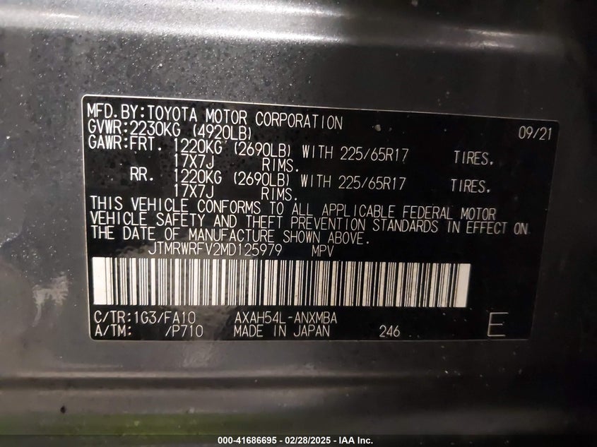 2021 TOYOTA RAV4 HYBRID VIN: JTMRWRFV2MD125979
