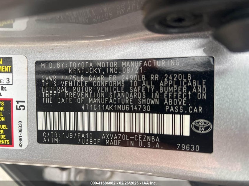 2021 TOYOTA CAMRY VIN: 4T1C11AK1MU614730