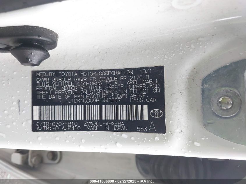 2011 Toyota Prius Three VIN: JTDKN3DU5B1445887 Lot: 41686890