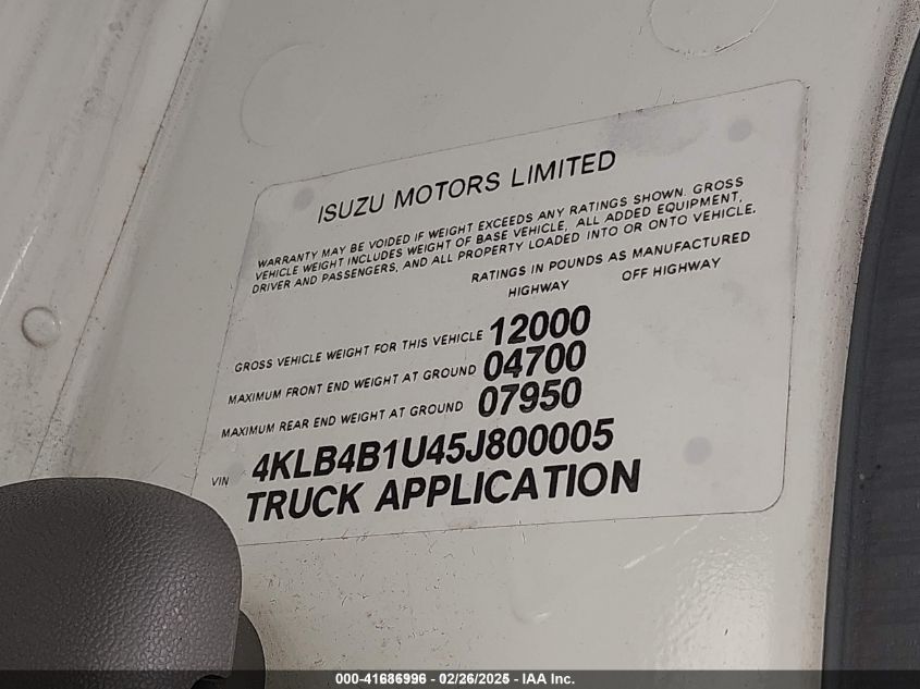2005 Isuzu W3S042 Npr Gas Reg VIN: 4KLB4B1U45J800005 Lot: 41686996