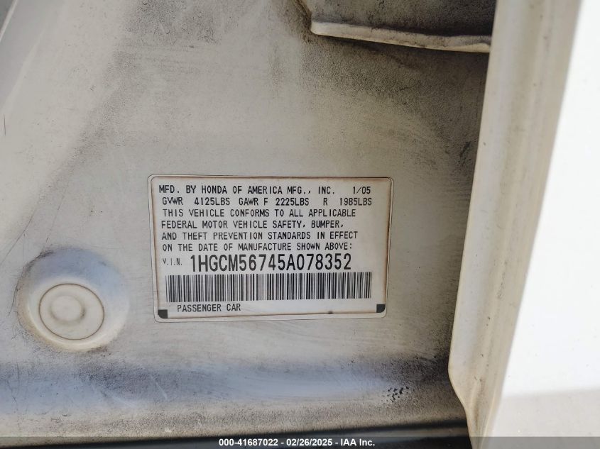 2005 Honda Accord 2.4 Ex VIN: 1HGCM56745A078352 Lot: 41687022