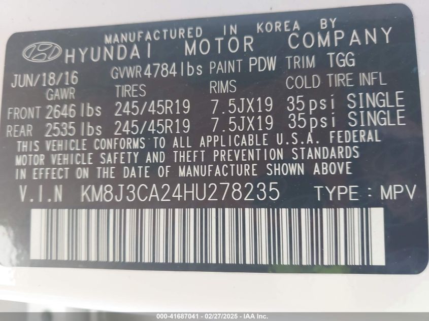 2017 Hyundai Tucson Sport VIN: KM8J3CA24HU278235 Lot: 41687041