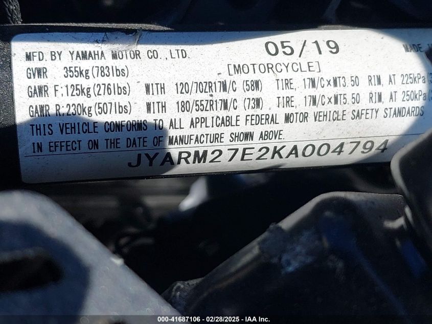 2019 Yamaha Mt07 VIN: JYARM27E2KA004794 Lot: 41687106