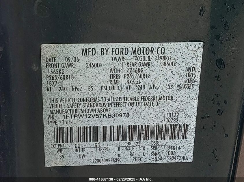 2007 Ford F-150 Lariat/Xlt VIN: 1FTPW12V57KB30978 Lot: 41687138
