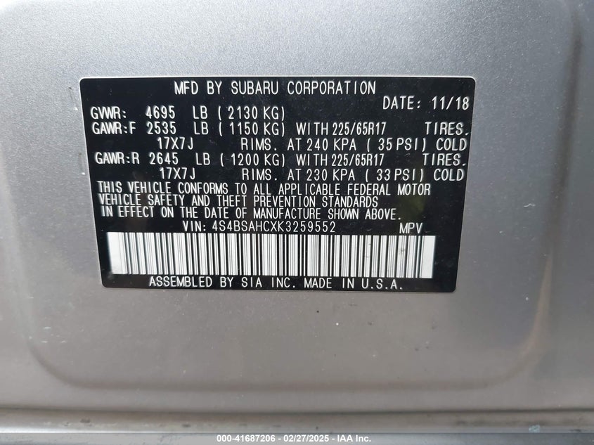 2019 SUBARU OUTBACK 2.5I PREMIUM - 4S4BSAHCXK3259552