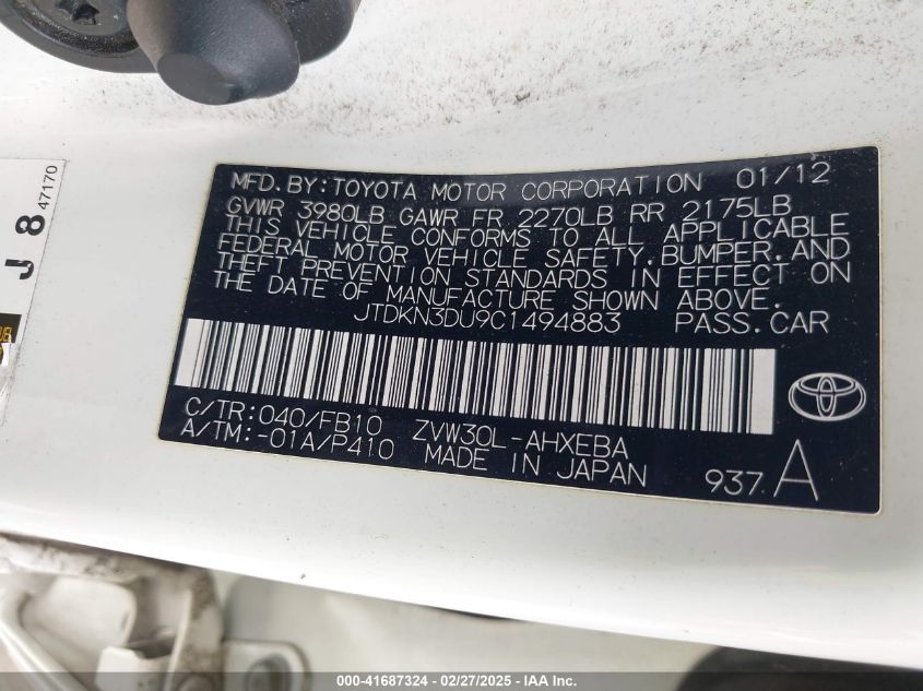 2012 Toyota Prius Two VIN: JTDKN3DU9C1494883 Lot: 41687324