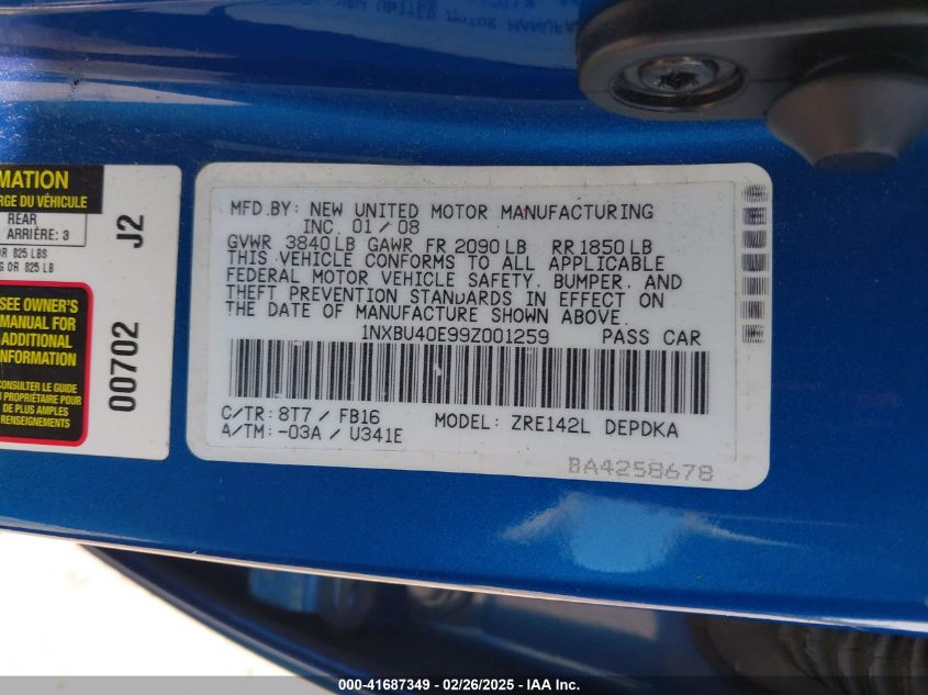 2009 Toyota Corolla Le VIN: 1NXBU40E99Z001259 Lot: 41687349