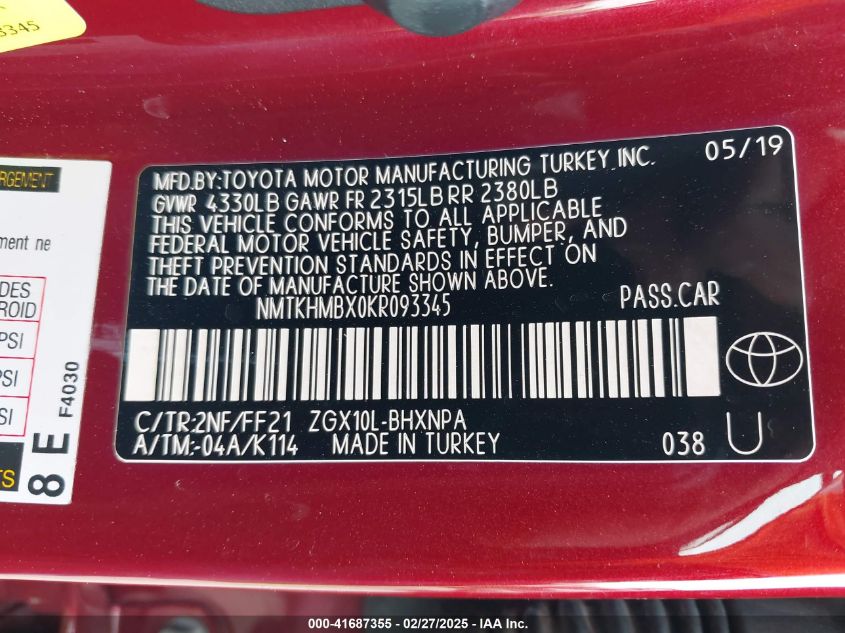 2019 Toyota C-Hr Xle VIN: NMTKHMBX0KR093345 Lot: 41687355