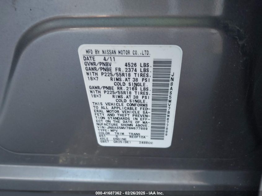 2011 Nissan Rogue Sv VIN: JN8AS5MV7BW677889 Lot: 41687362